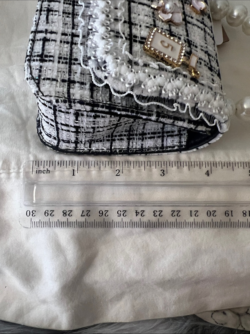 Top Handle pearl white black tweed lace Camellia flower mini bag purse n5 - Picture 10 of 13